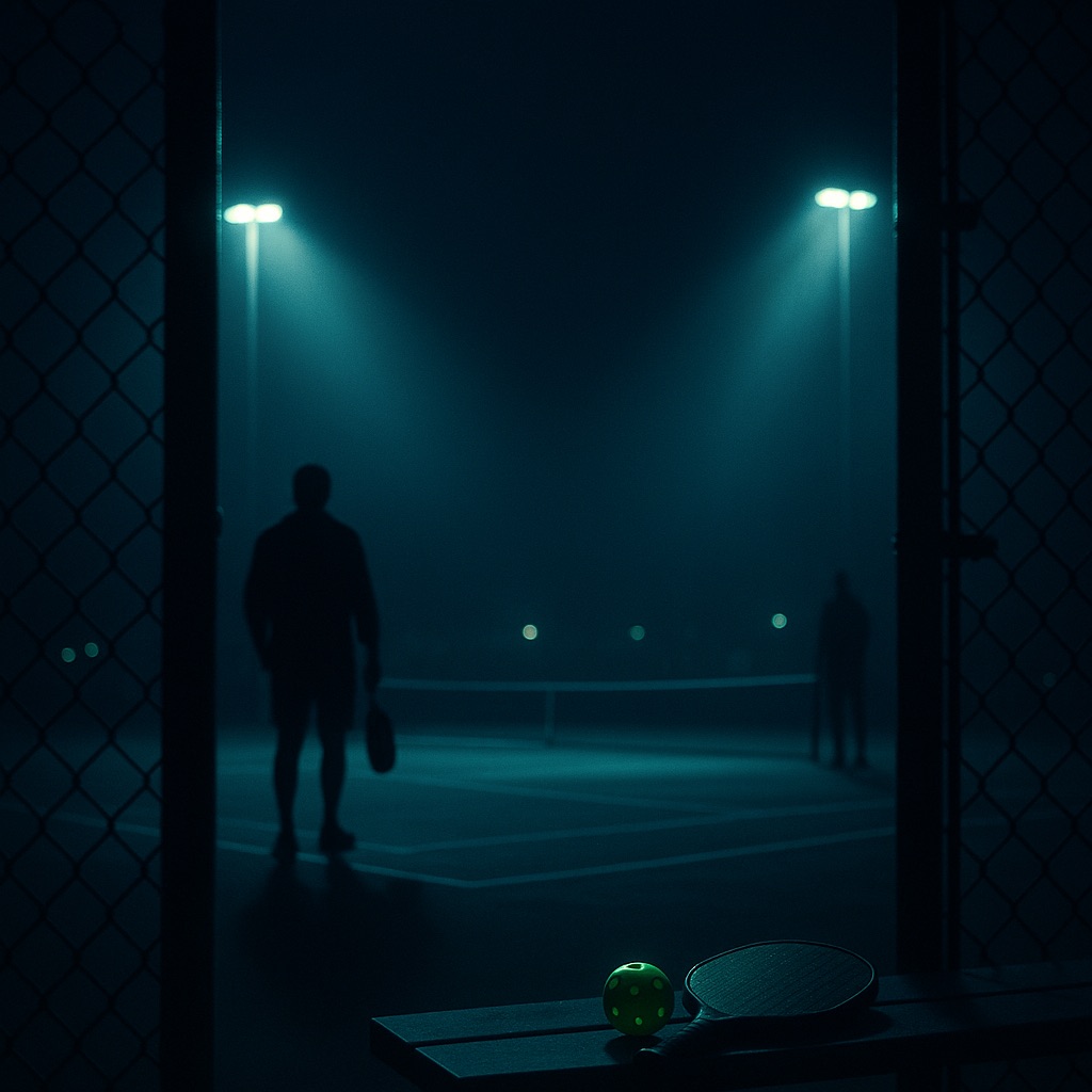 A player arriving at a quiet floodlit court, paddle and ball on the bench by the gate