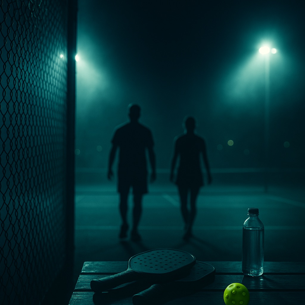 Two players walking off a floodlit pickleball court past the chain-link fence, paddles and a ball on the bench