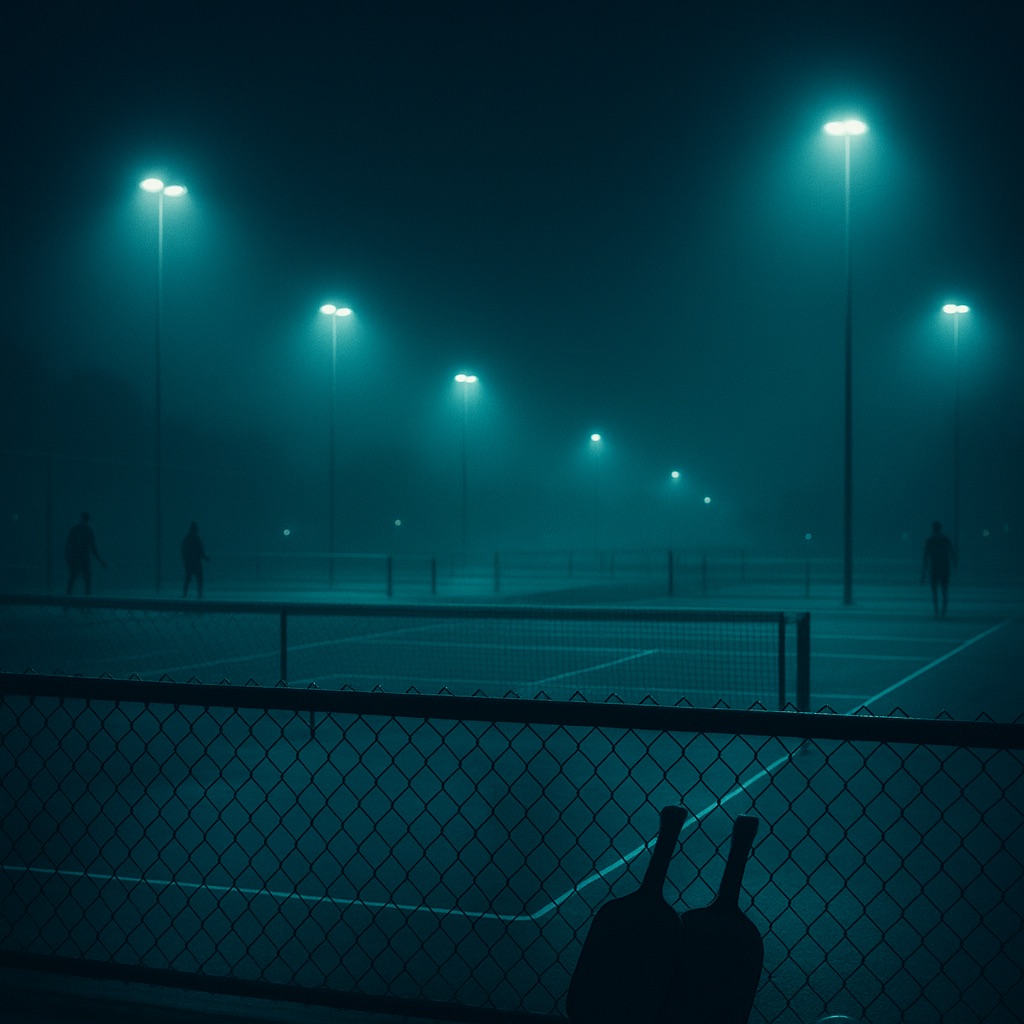 A row of floodlit courts behind the fence at open play
