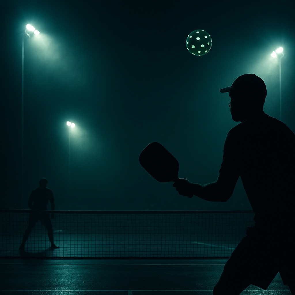 A player about to serve under the floodlights, the ball in the air