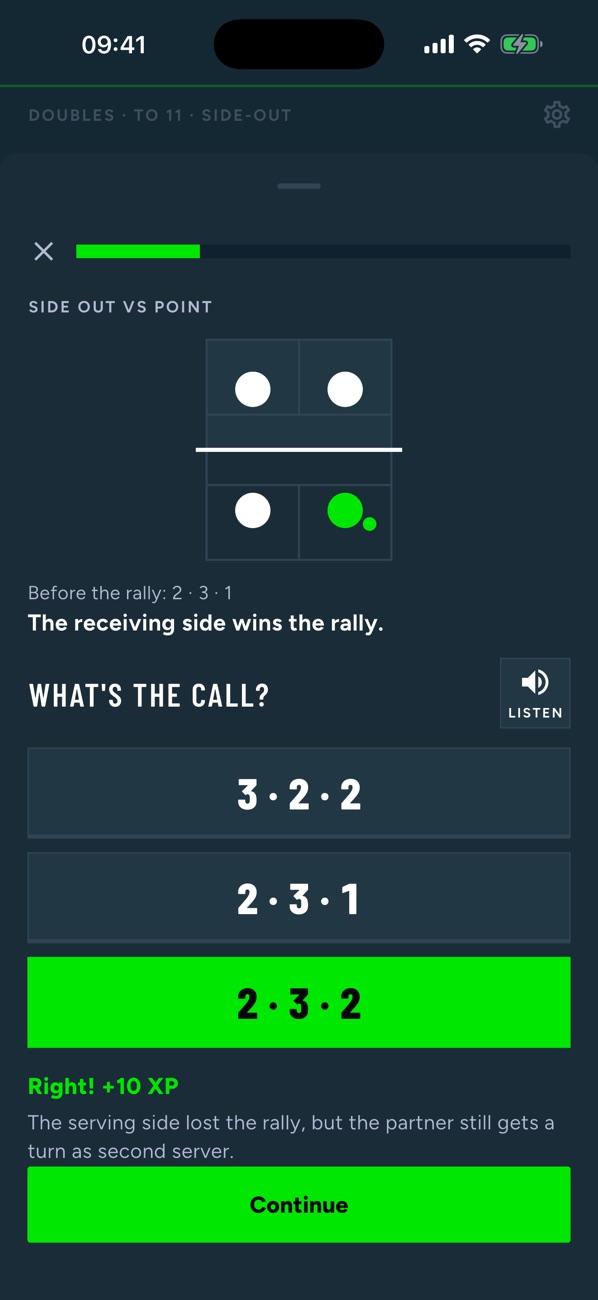 A Scoring Coach lesson: a mini court, What's the call, and the right answer 2, 3, 2 lit green with plus 10 XP